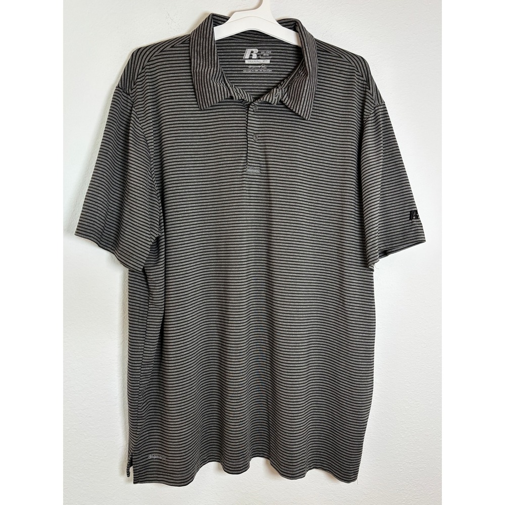 Russell Athletic Mens 2XL Grey Black Striped Dri-Power 360 Training Fit Polo